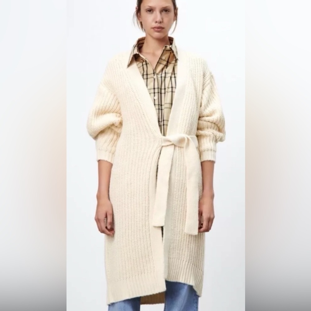 NEW Zara Wrap Front Cream Ivory Cardigan Duster Sz Small Chunky Knit Trendy Lux
